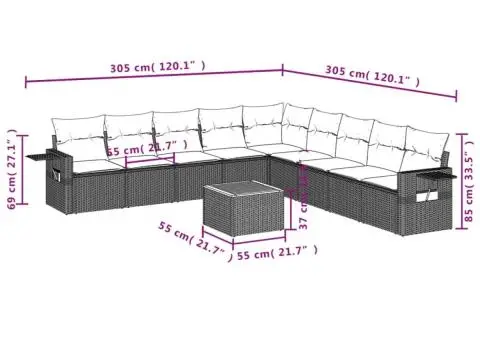 Set canapele de grădină cu perne, 10 piese, negru, poliratan - 3/3