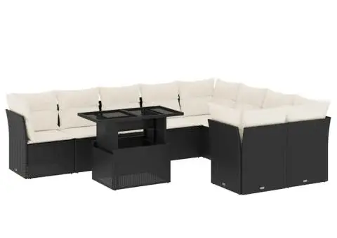 Set canapele de grădină cu perne, 10 piese, negru, poliratan - 2/5