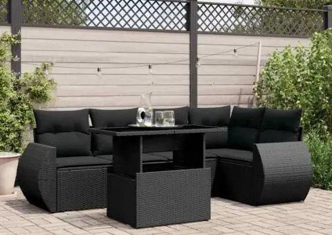 Set mobilier de grădină cu perne, 6 piese, negru, poliratan - 1/5