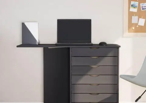 Dulap rulant cu birou MOSS gri lemn masiv de pin - 3/5