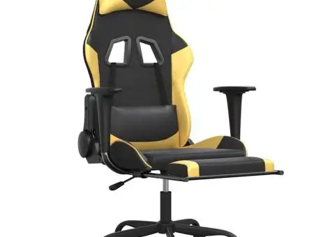 Scaun de gaming cu masaj/suport picioare negru/auriu piele eco - 3/5