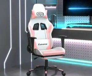 vidaXL Scaun gaming de masaj/suport picioare, alb/roz, piele ecologică