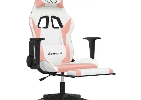 Scaun gaming de masaj/suport picioare, alb/roz, piele ecologică - 3/5