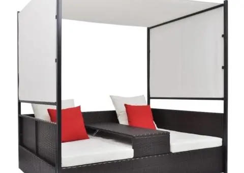 Pat de grădină cu baldachin, maro, 190 x 130 cm, poliratan - 1/5