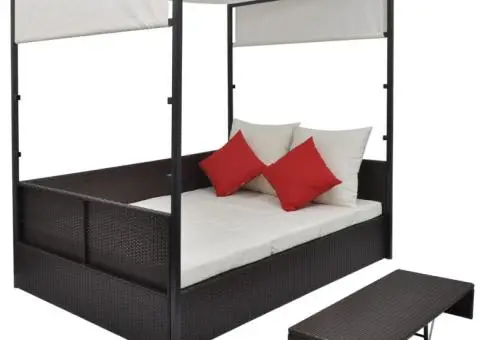 Pat de grădină cu baldachin, maro, 190 x 130 cm, poliratan - 2/5