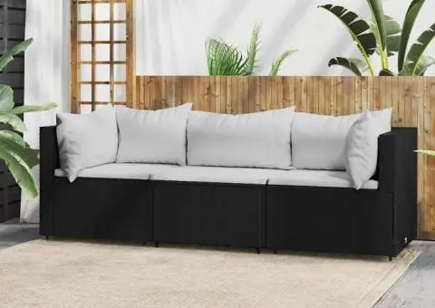 Set mobilier de grădină cu perne, 3 piese, negru, poliratan - 1/5