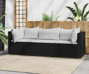 vidaXL Set mobilier de grădină cu perne, 3 piese, negru, poliratan