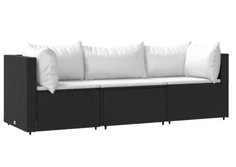 Set mobilier de grădină cu perne, 3 piese, negru, poliratan - 2/5