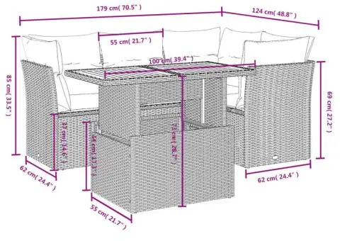 Set canapea de grădină cu perne, 5 piese, gri, poliratan - 3/3