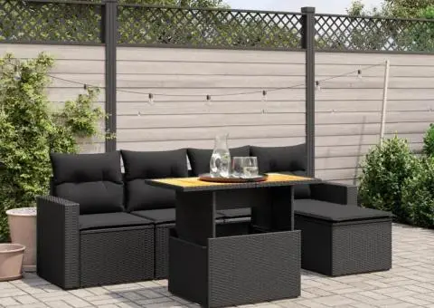 Set mobilier de grădină cu perne, 6 piese, negru, poliratan - 1/3