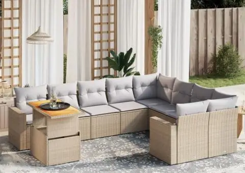 Set canapele de grădină cu perne, 10 piese, bej, poliratan - 1/3