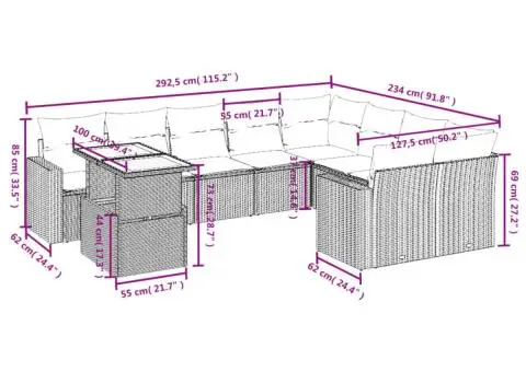 Set canapele de grădină cu perne, 10 piese, bej, poliratan - 3/3