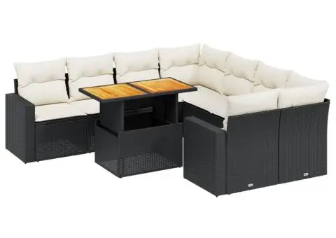 Set mobilier de grădină cu perne, 9 piese, negru, poliratan - 2/3