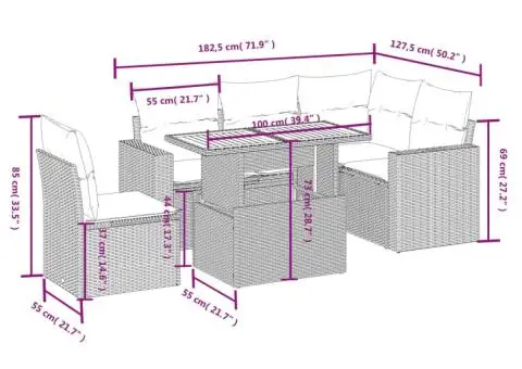 Set mobilier de grădină cu perne, 6 piese, negru, poliratan - 3/3
