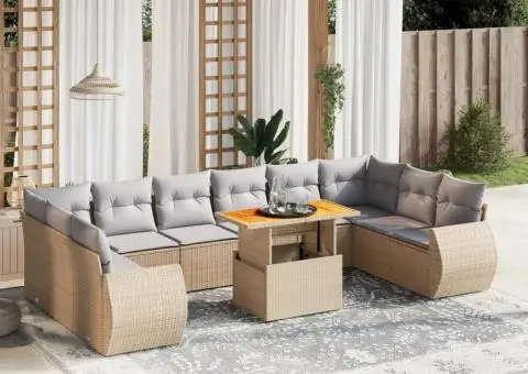 Set canapele de grădină cu perne, 11 piese, bej, poliratan - 1/3