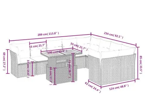 Set mobilier de grădină cu perne, 10 piese, gri, poliratan - 3/3