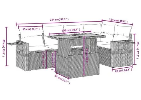Set canapele de grădină cu perne, 6 piese, negru, poliratan - 3/3