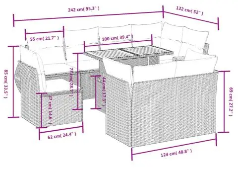 Set canapele de grădină cu perne, 9 piese, gri, poliratan - 3/3