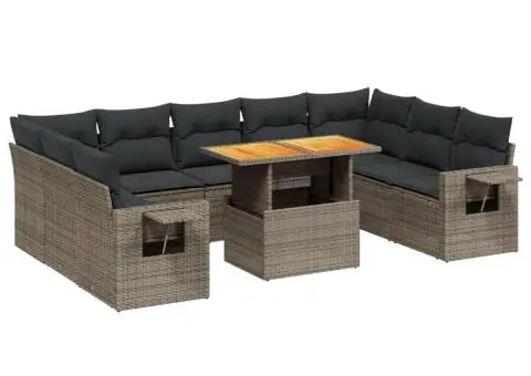 Set mobilier de grădină cu perne, 10 piese, gri, poliratan - 2/3