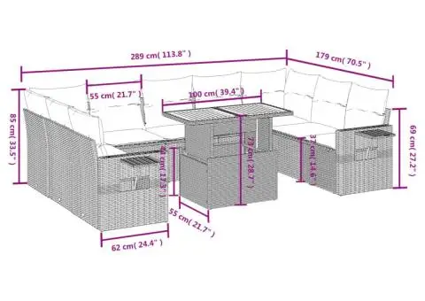 Set mobilier de grădină cu perne, 10 piese, gri, poliratan - 3/3