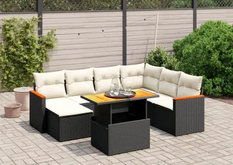 Set mobilier de grădină cu perne, 8 piese, negru, poliratan - 1/3