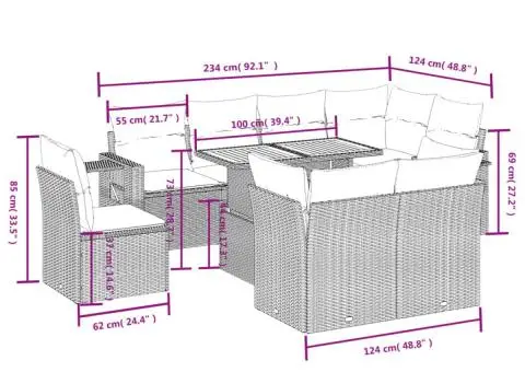 Set canapele de grădină, 9 piese, cu perne, gri, poliratan - 3/3