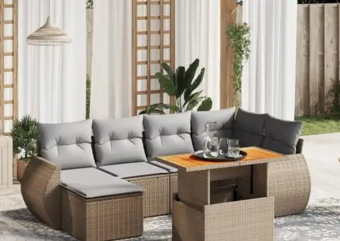 Set canapele de grădină, 7 piese, cu perne, bej, poliratan - 1/3