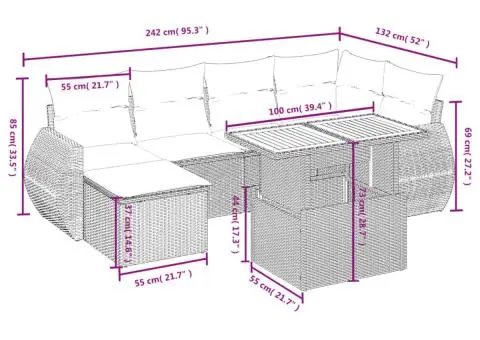 Set canapele de grădină, 7 piese, cu perne, bej, poliratan - 3/3