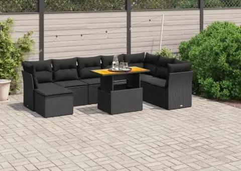 Set mobilier de grădină cu perne, 9 piese, negru, poliratan - 1/3