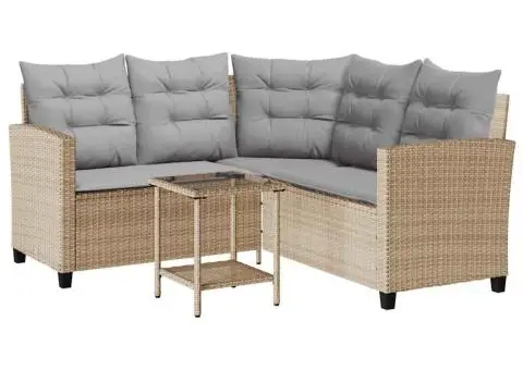 Canapea de grădină cu masă și perne în formă L polirattan bej - 2/5