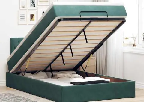 Pat otoman cu saltea și LED-uri, verde închis 120x190cm catifea - 1/5