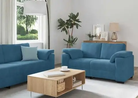 Set de canapele cu perne, 3 piese, albastru, catifea - 1/5