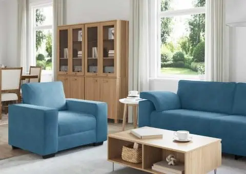 Set de canapele cu perne, 3 piese, albastru, catifea - 3/5