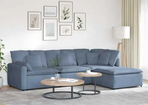 Canapea modulară cu taburet și perne, țesătură velur, albastru - 1/5