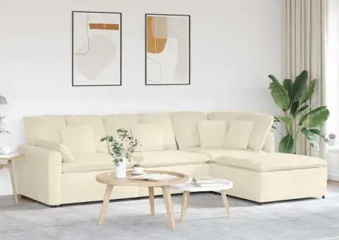 Canapea modulară cu taburet și perne, țesătură velur, crem - 1/5