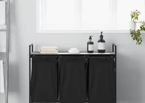 Coș de rufe 3 compartimente cu raft sonoma gri - 3/5