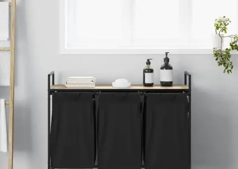 Coș de rufe 3 compartimente cu raft stejar sonoma - 3/5