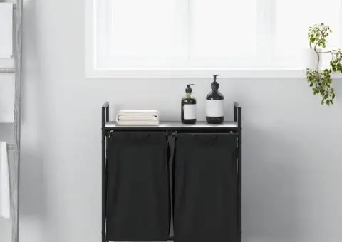 Coș de rufe 2 compartimente cu raft sonoma gri - 3/5