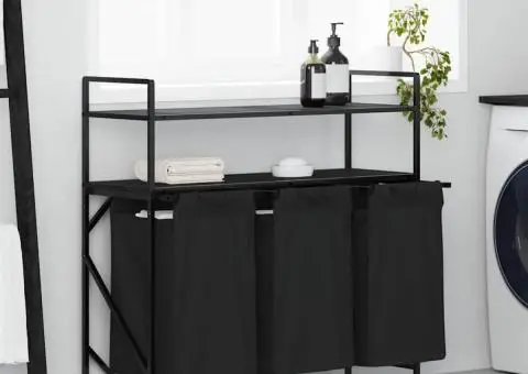 Coș de rufe 3 compartimente cu rafturi stejar negru - 1/5