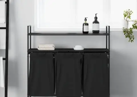 Coș de rufe 3 compartimente cu rafturi stejar negru - 3/5