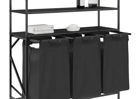 Coș de rufe 3 compartimente cu rafturi stejar negru - 4/5