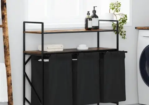 Coș de rufe 3 compartimente cu rafturi stejar fumuriu - 1/5