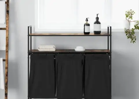 Coș de rufe 3 compartimente cu rafturi stejar fumuriu - 3/5