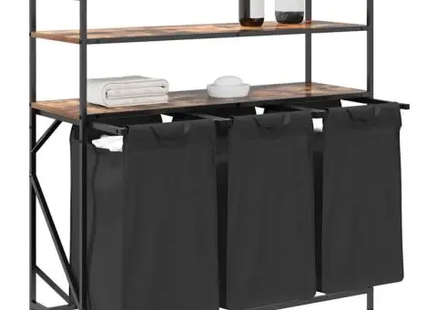 Coș de rufe 3 compartimente cu rafturi stejar fumuriu - 4/5