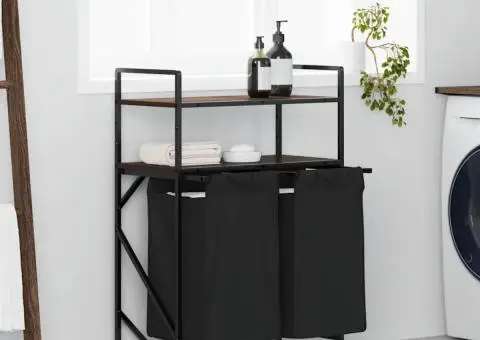 Coș de rufe 2 compartimente cu rafturi stejar maro - 1/5