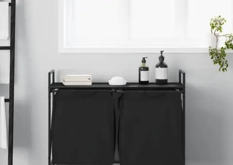 Coș de rufe 2 compartimente cu raft stejar negru - 3/5