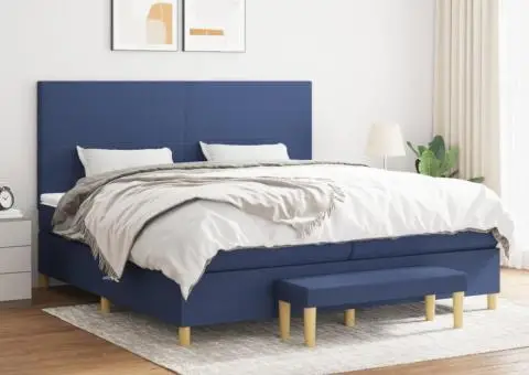 Pat box spring cu saltea, albastru, 200x200 cm, textil - 1/5