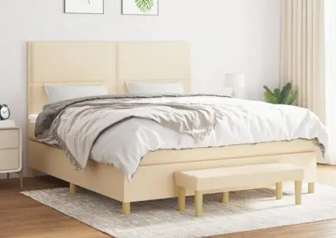 Pat box spring cu saltea, crem, 160x200 cm, material textil - 1/5