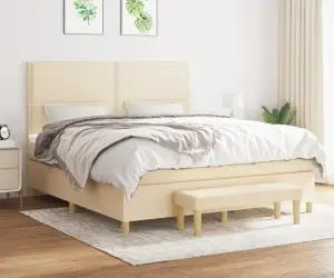 vidaXL Pat box spring cu saltea, crem, 160x200 cm, material textil