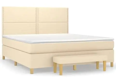 Pat box spring cu saltea, crem, 160x200 cm, material textil - 2/5